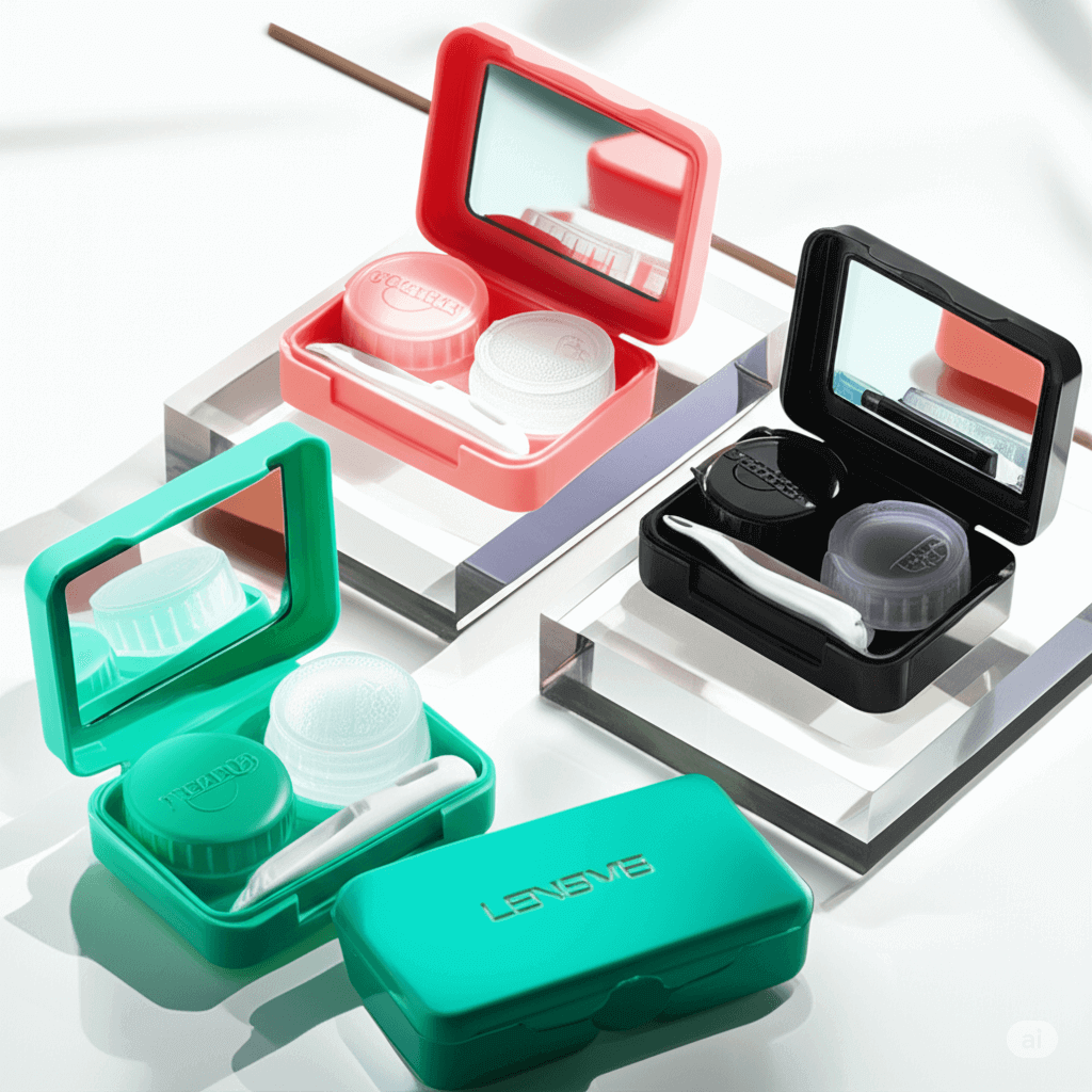 TORICA special lens cases in black, mint, and orange colors with built-in mirrors, perfect for mixing and matching. Limited edition.