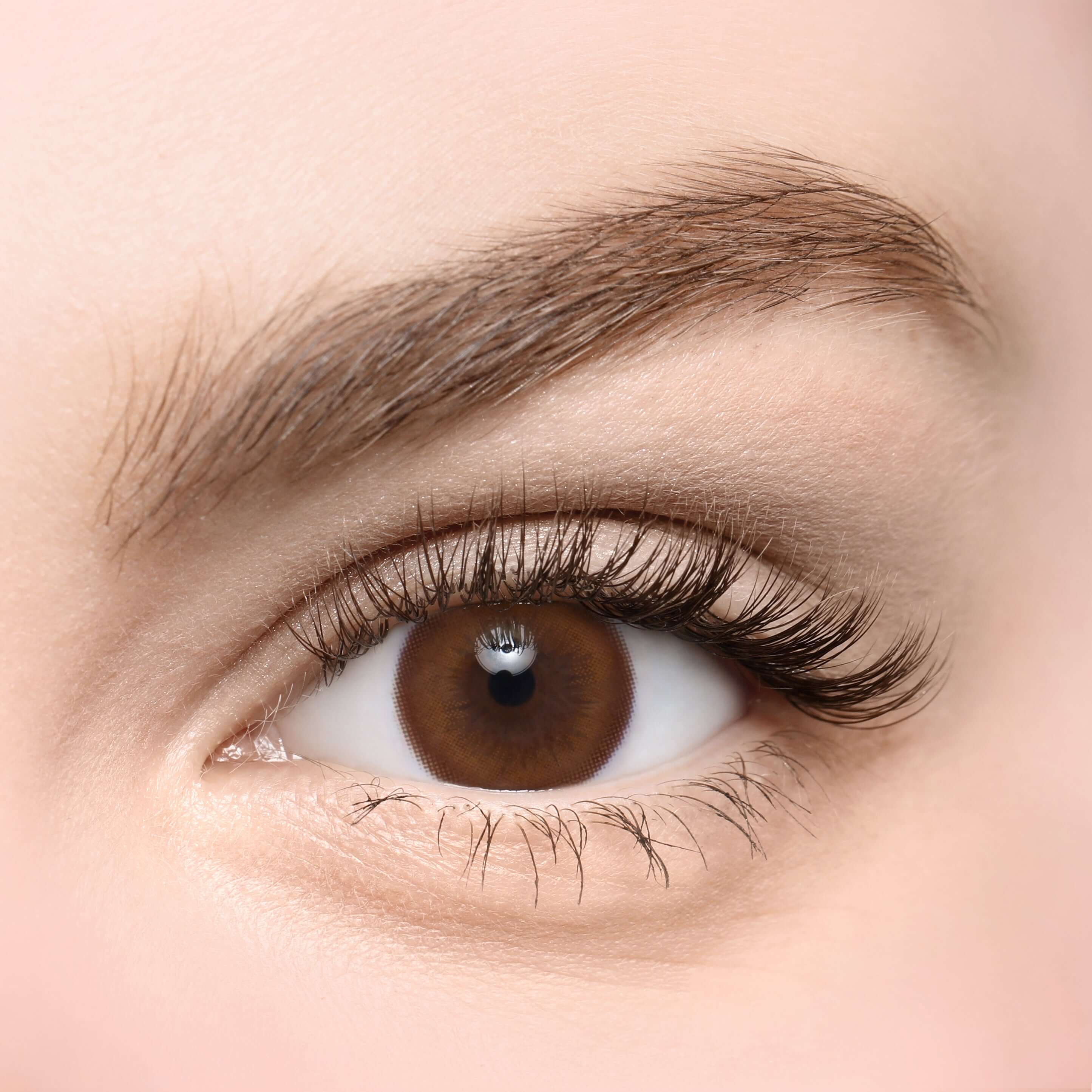 Close-up of an eye featuring Aida Hazel toric lens with delicate hazel iris design, 55% water content, suitable for various replacement schedules.