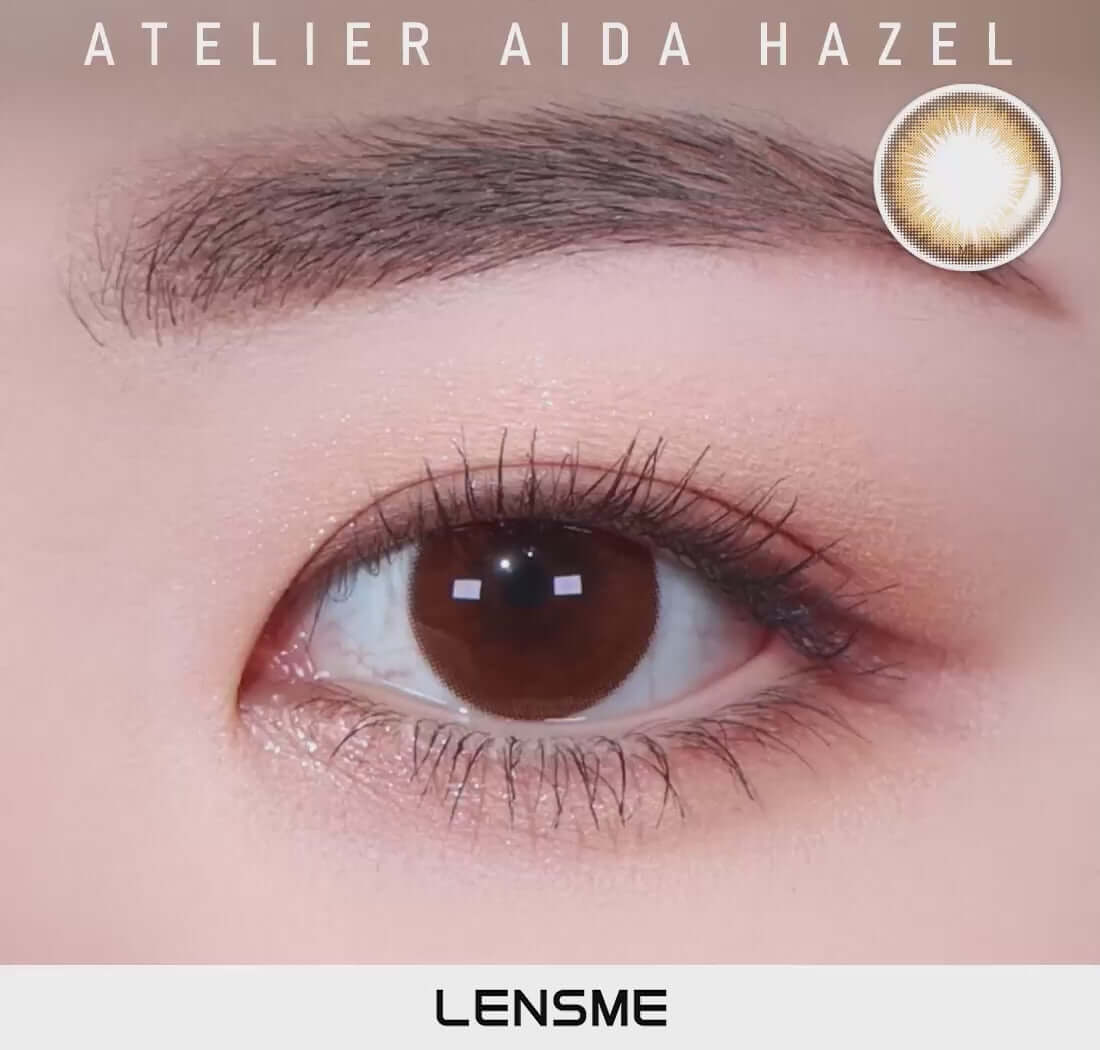 Aida Hazel toric contact lens showcasing hazel-colored delicate iris design with light pigments by LensMe, suitable for daily to yearly use.